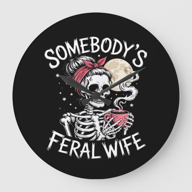 Feral Funny Coffee Lovers Drinking Skull Joke Large Clock (Front)