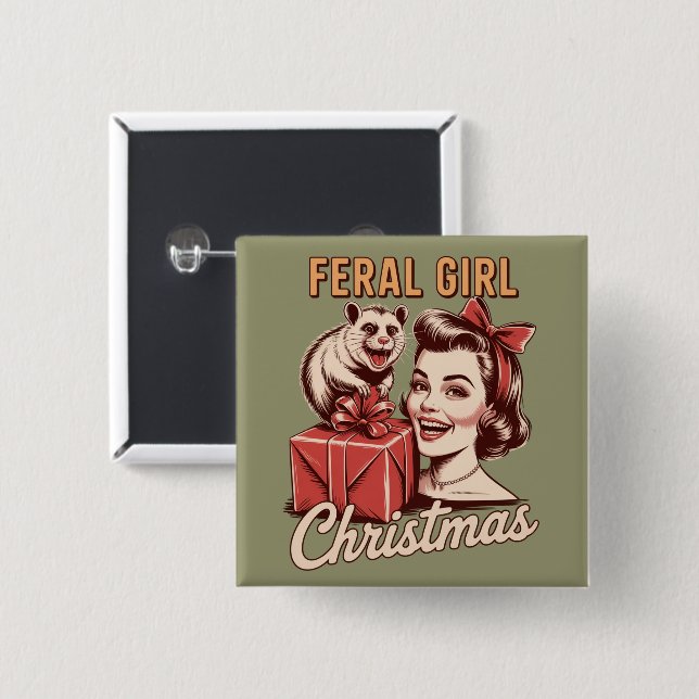 Feral Girl Christmas Opossum Xmas Trashy Retro Button (Front & Back)