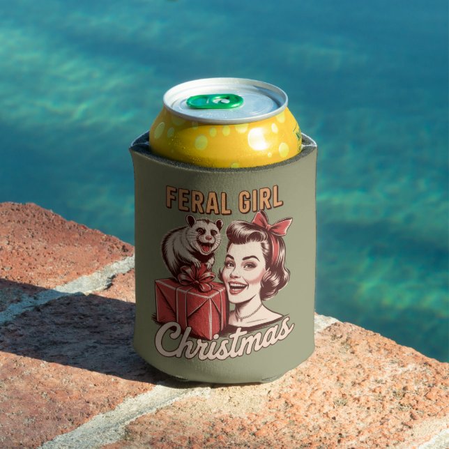 Feral Girl Christmas Opossum Xmas Trashy Retro Can Cooler (In Situ Pool)