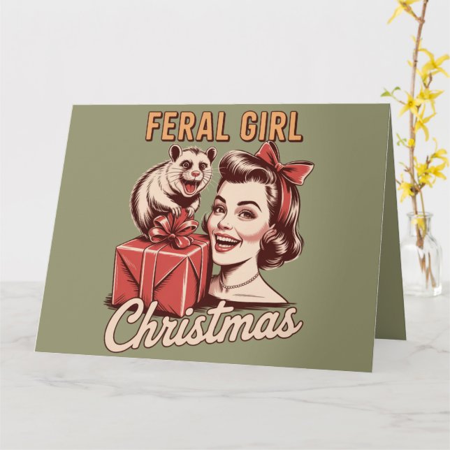 Feral Girl Christmas Opossum Xmas Trashy Retro Card (Yellow Flower)