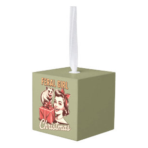Feral Girl Christmas Opossum Xmas Trashy Retro Cube Ornament