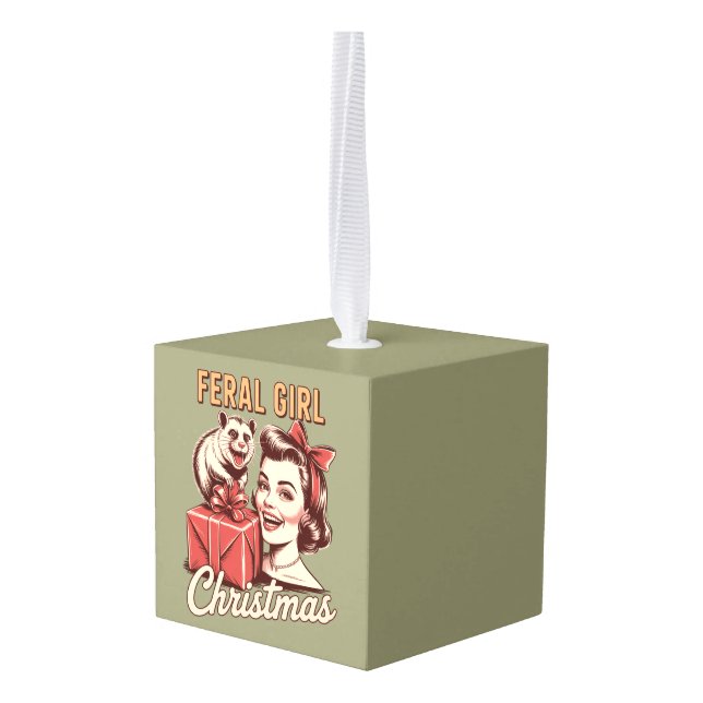 Feral Girl Christmas Opossum Xmas Trashy Retro Cube Ornament (Back Angled)