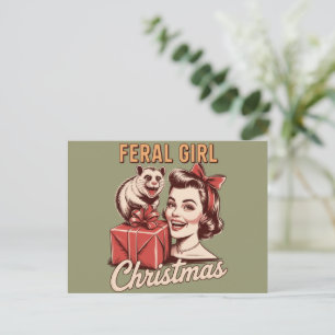 Feral Girl Christmas Opossum Xmas Trashy Retro Holiday Postcard