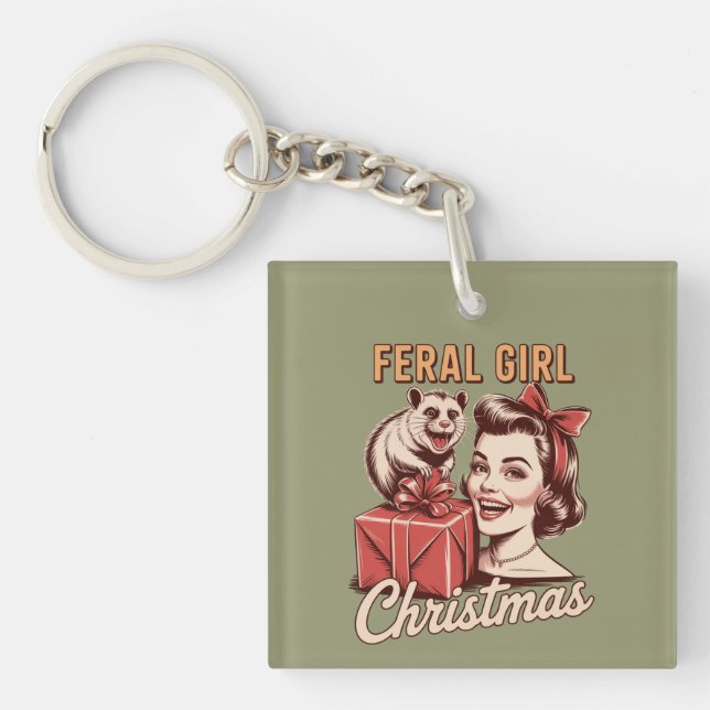 Feral Girl Christmas Opossum Xmas Trashy Retro Keychain (Front)