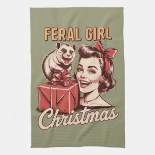 Feral Girl Christmas Opossum Xmas Trashy Retro Kitchen Towel