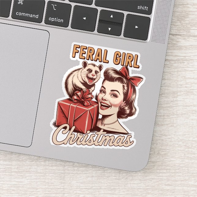 Feral Girl Christmas Opossum Xmas Trashy Retro Sticker (Detail)