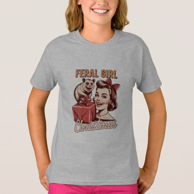 Feral Girl Christmas Opossum Xmas Trashy Retro T-Shirt (Front)