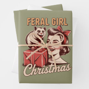 Feral Girl Christmas Opossum Xmas Trashy Retro Wrapping Paper Sheets
