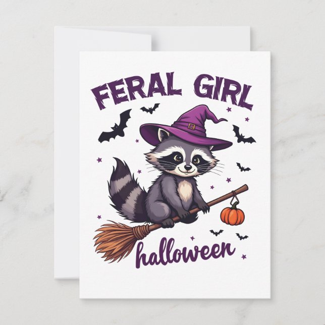 Feral Girl Halloween Spooky Raccoon Witch Gift  Holiday Card (Front)