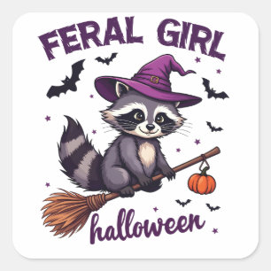 Feral Girl Halloween Spooky Raccoon Witch Gift  Square Sticker