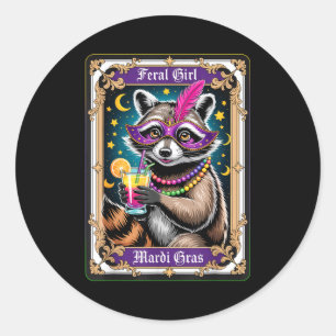 Feral girl mardi gras carnival colorful raccoon classic round sticker