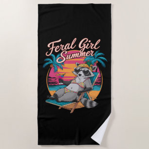 Feral Girl Summer Beach Funny Raccoon Beach Towel
