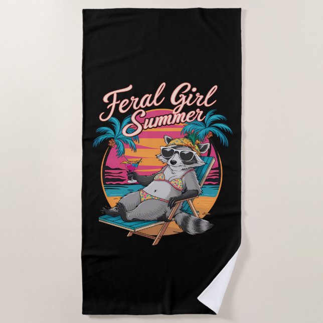 Feral Girl Summer Beach Funny Raccoon Beach Towel (Front)