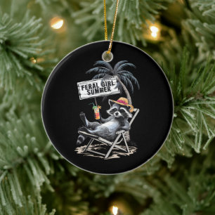 Feral Girl Summer Beach Funny Raccoon Ceramic Ornament