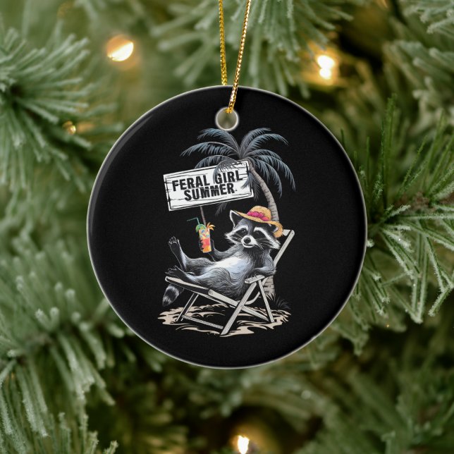 Feral Girl Summer Beach Funny Raccoon Ceramic Ornament (Tree)