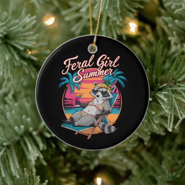 Feral Girl Summer Beach Funny Raccoon Ceramic Ornament (Tree)