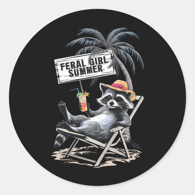Feral Girl Summer Beach Funny Raccoon Classic Round Sticker (Front)