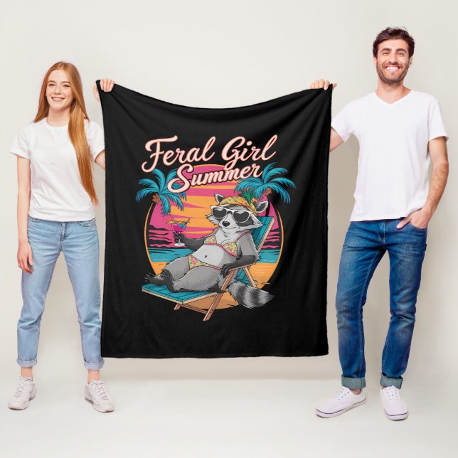 Feral Girl Summer Beach Funny Raccoon Fleece Blanket (In Situ)