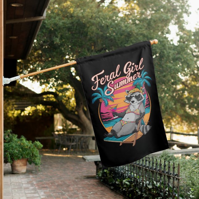 Feral Girl Summer Beach Funny Raccoon House Flag (In SItu)