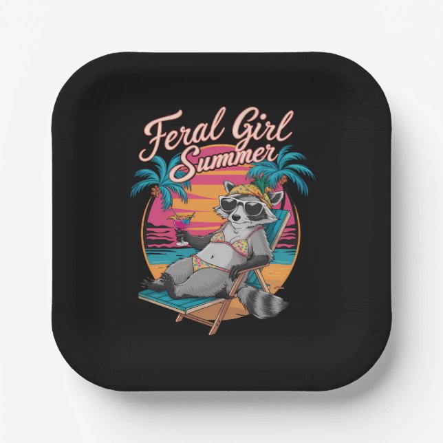 Feral Girl Summer Beach Funny Raccoon Paper Plates (Front)