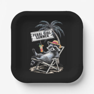 Feral Girl Summer Beach Funny Raccoon Paper Plates