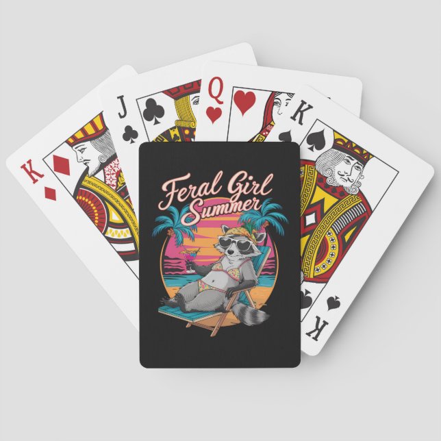 Feral Girl Summer Beach Funny Raccoon Poker Cards (Back)