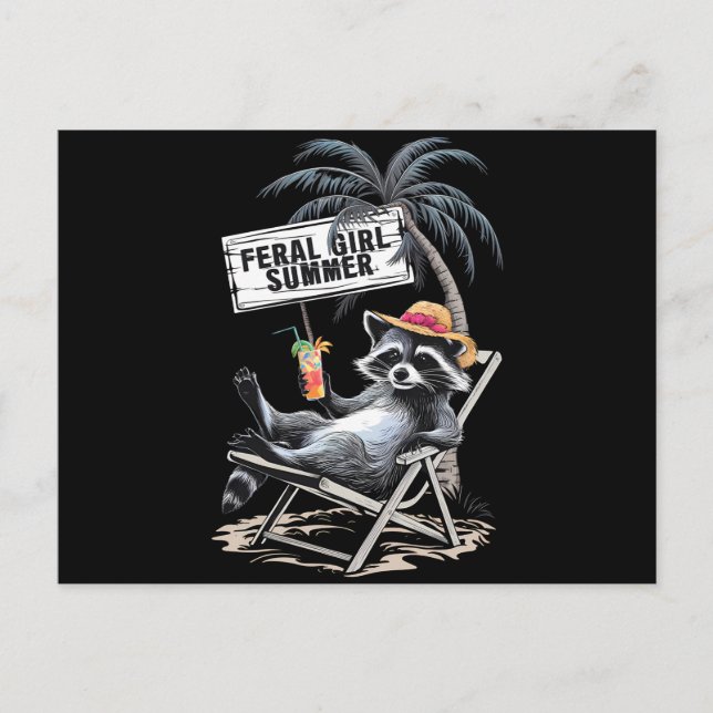 Feral Girl Summer Beach Funny Raccoon Postcard (Front)