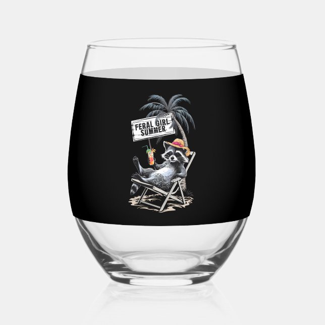 Feral Girl Summer Beach Funny Raccoon Stemless Wine Glass (Front)
