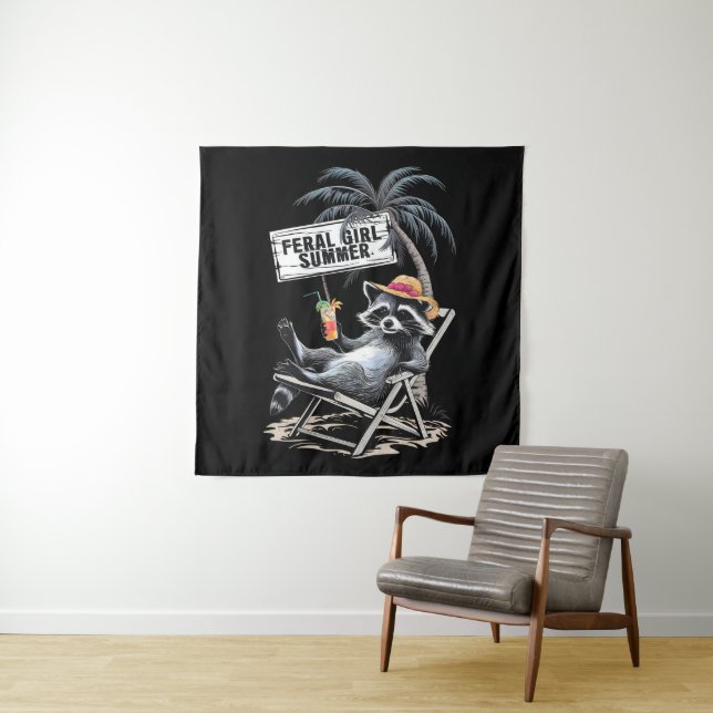 Feral Girl Summer Beach Funny Raccoon Tapestry (In Situ)