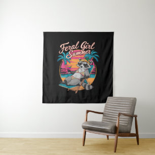 Feral Girl Summer Beach Funny Raccoon Tapestry
