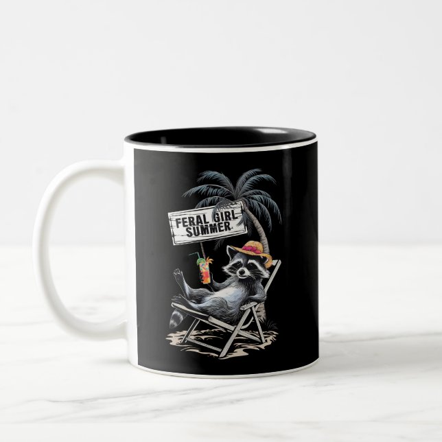 Feral Girl Summer Beach Funny Raccoon Two-Tone Coffee Mug (Left)