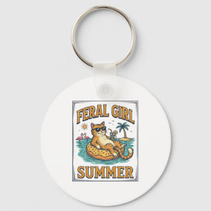 Feral Girl Summer Cat Float Vintage Shirt Design_1 Keychain