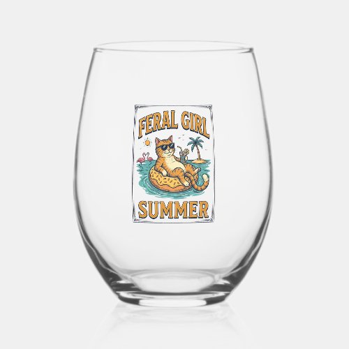 Feral Girl Summer Cat Float Vintage Shirt Design_1 Stemless Wine Glass
