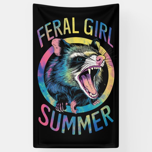 Feral Girl Summer Opossum Tie Dye Raccoon Banner (Vertical)