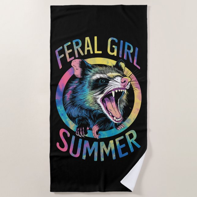 Feral Girl Summer Opossum Tie Dye Raccoon Beach Towel (Front)