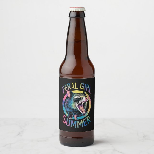 Feral Girl Summer Opossum Tie Dye Raccoon Beer Bottle Label (Front)