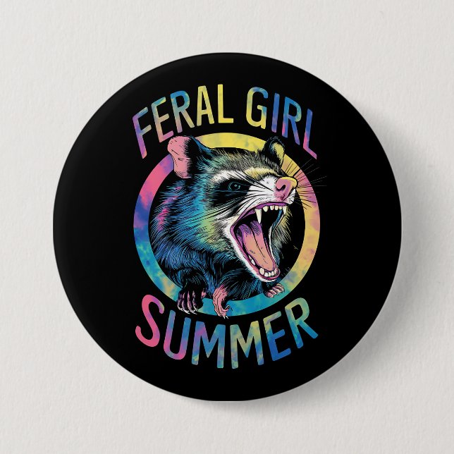 Feral Girl Summer Opossum Tie Dye Raccoon Button (Front)
