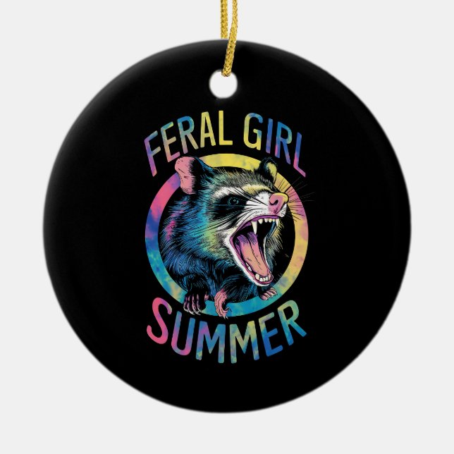 Feral Girl Summer Opossum Tie Dye Raccoon Ceramic Ornament (Front)