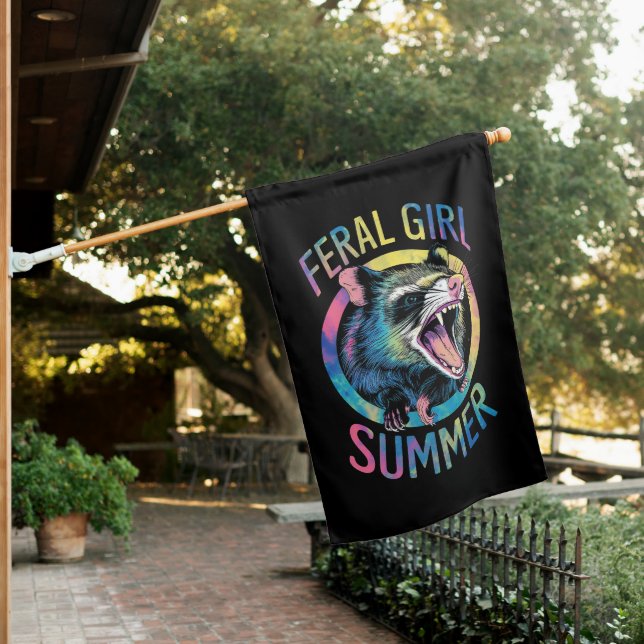 Feral Girl Summer Opossum Tie Dye Raccoon House Flag (In SItu)