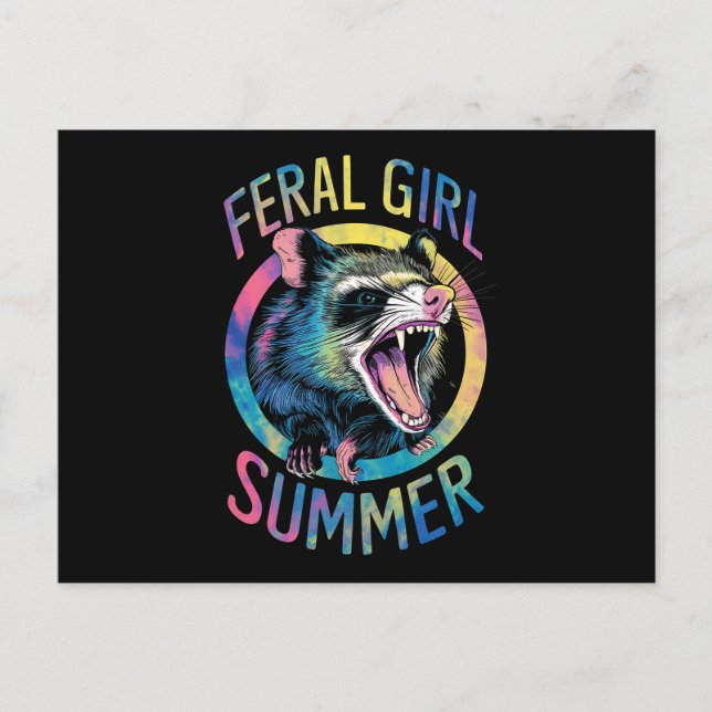 Feral Girl Summer Opossum Tie Dye Raccoon Postcard (Front)