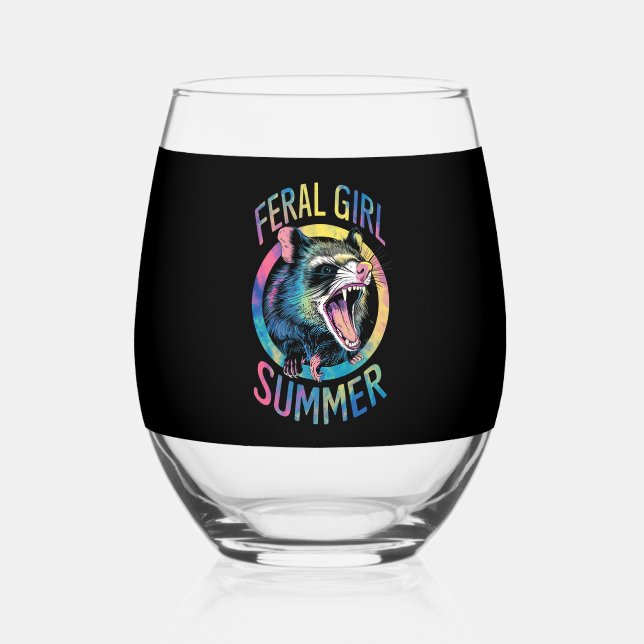 Feral Girl Summer Opossum Tie Dye Raccoon Stemless Wine Glass (Back)