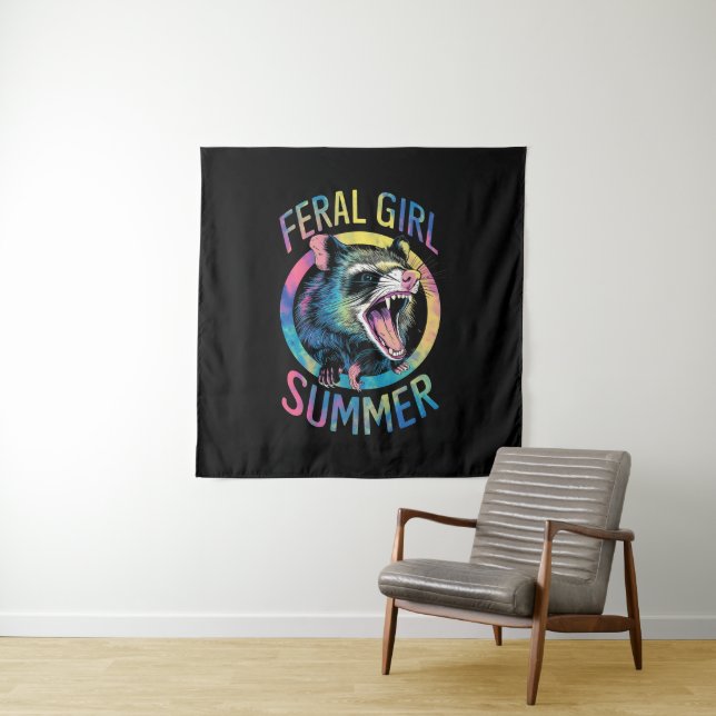 Feral Girl Summer Opossum Tie Dye Raccoon Tapestry (In Situ)