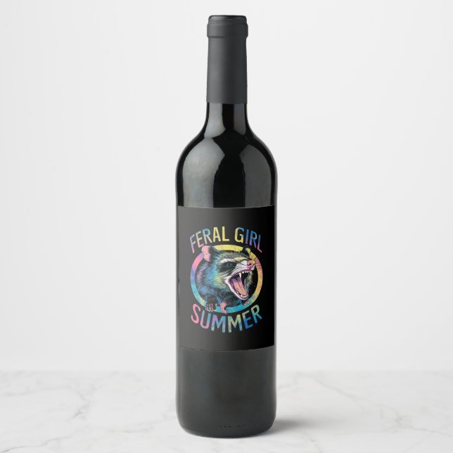 Feral Girl Summer Opossum Tie Dye Raccoon Wine Label (Front)