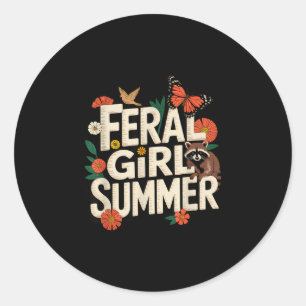 Feral girl summer raccoon wildflowers funny classic round sticker