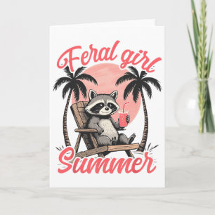 Feral Girl Summer Vacation Beach Raccoon Meme Tras Card