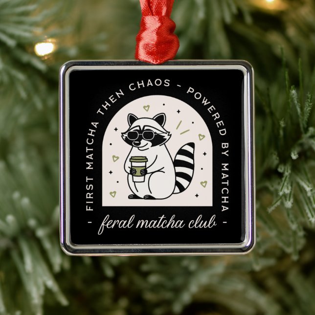 Feral matcha club funny raccoon cool wild animal metal ornament (Tree)