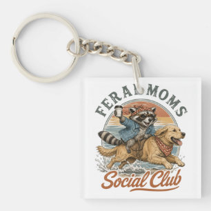 Feral Moms Social Club Raccoon Riding Golden Retri Keychain