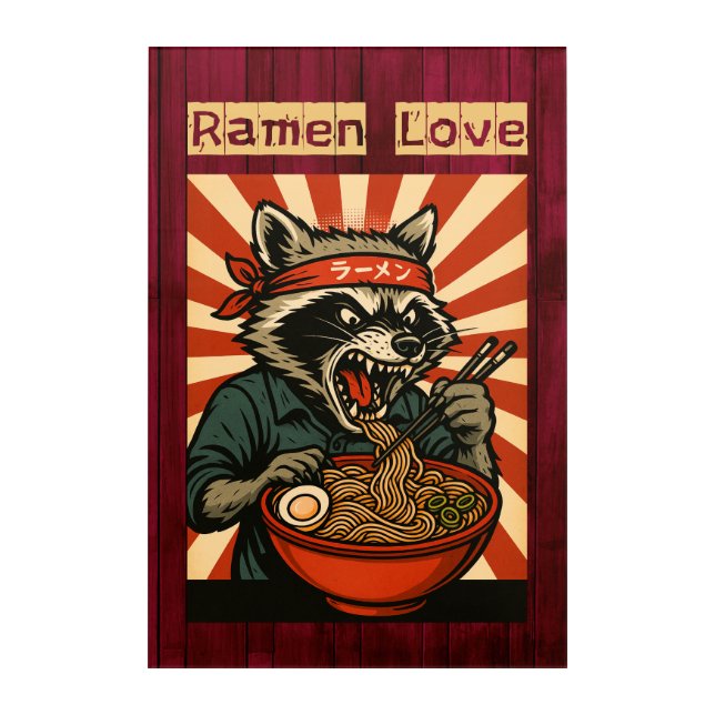Feral Raccoon Eating Ramen Acrylic Print (Front)