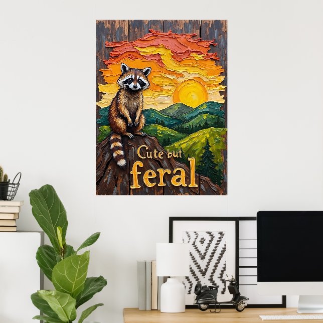 Feral Silhouette: Raccoon Against Setting Sun Poster (Home Office)