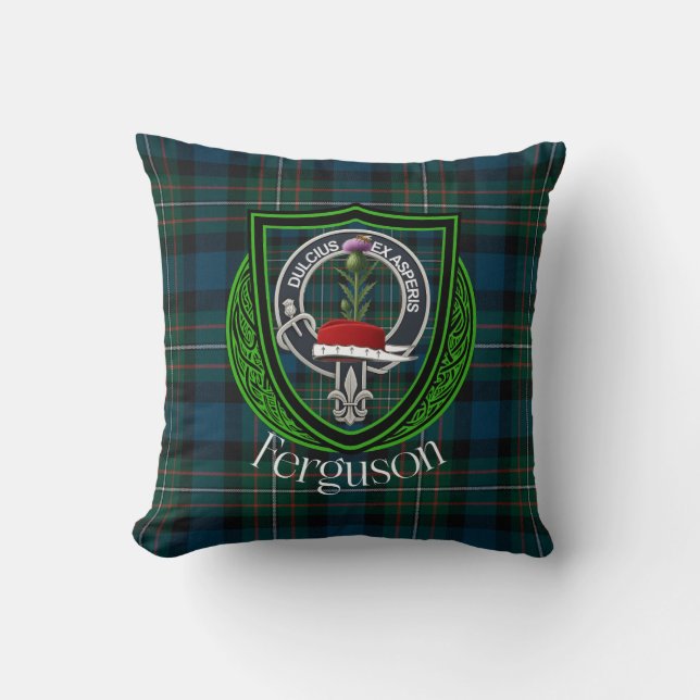 Ferguson Scottish Clan Tartan and Crest Throw Pillow (Front)